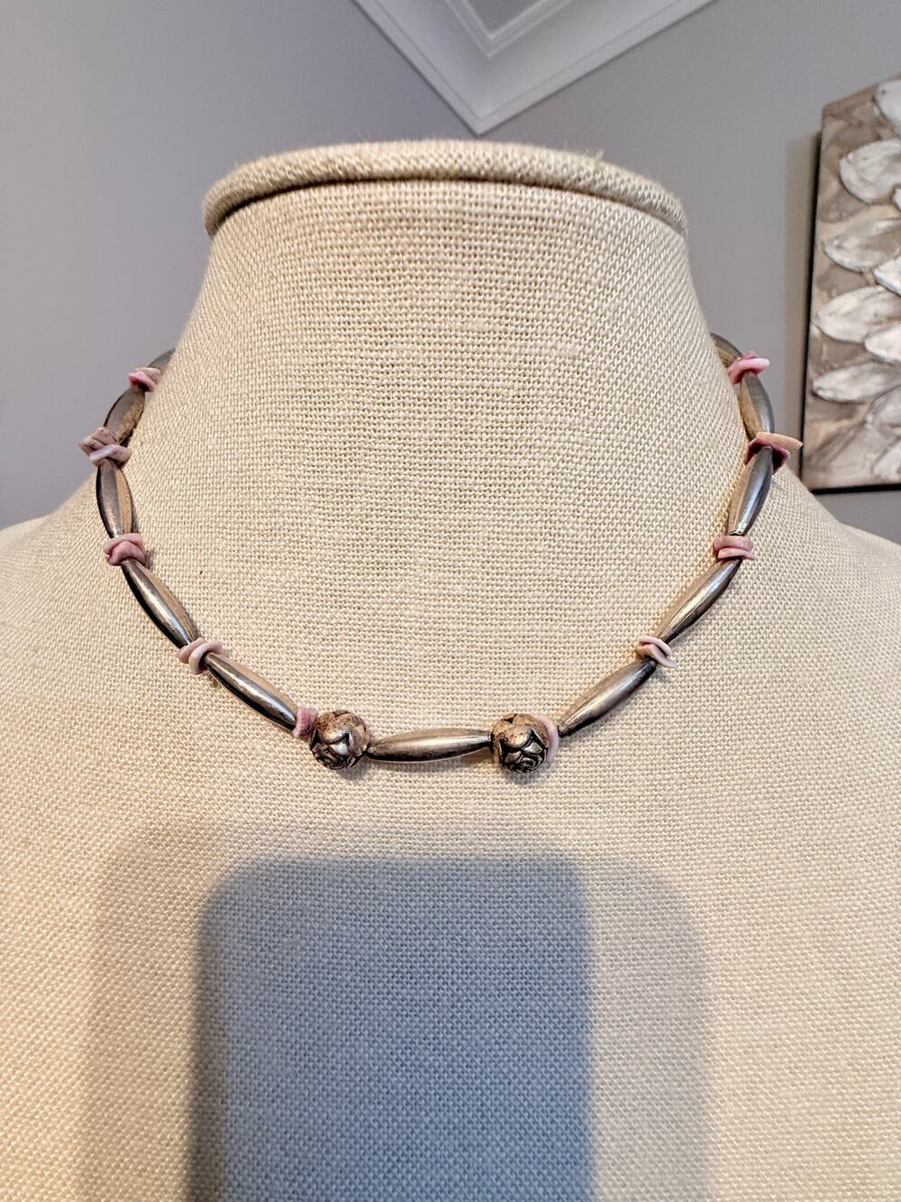 Vintage Silver Pink Bead Choker Necklace 14”